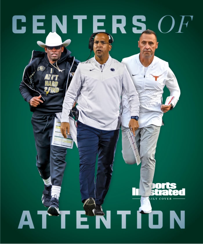 CENTERS OF ATTENTION: A Daily Cover featuring college football coaches Deion Sanders, James Franklin and Steve Sarkisian.
